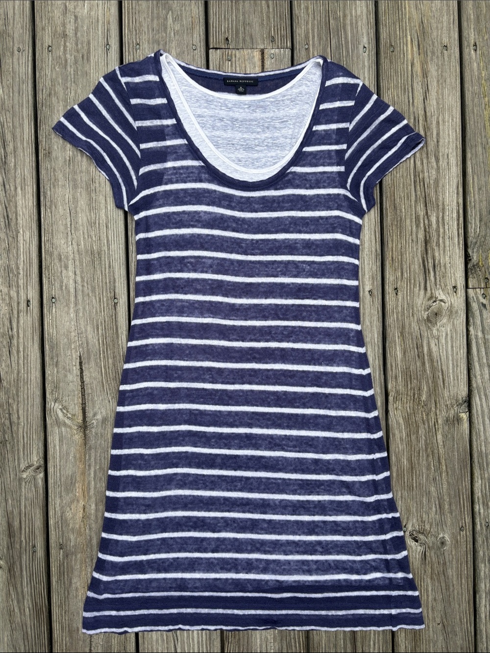BANANA REPUBLIC Blue & White Nautical Striped Preppy Linen Shirt Dress Size S